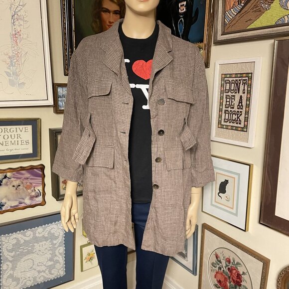 naivelinen Patchouli 13 100% Linen Brown Plaid Lady-Style Trench Coat Size 2X - Picture 4 of 7